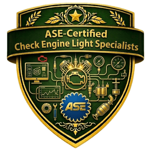 ASE-Certified Check Engine Light Specialists green and gold shield badge with engine components, diagnostic waveform screen, and blue ASE emblem