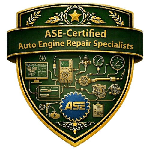 ASE-Certified Auto Engine Repair Specialists green and gold shield badge with diagnostic monitor, multimeter, engine components, gauges, and blue ASE emblem